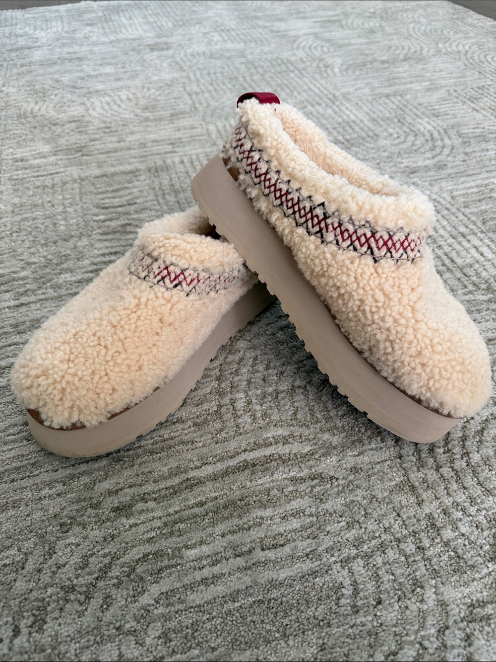 UGG Cream Sherpa Slip-On Platform Clogs with Red Stitching